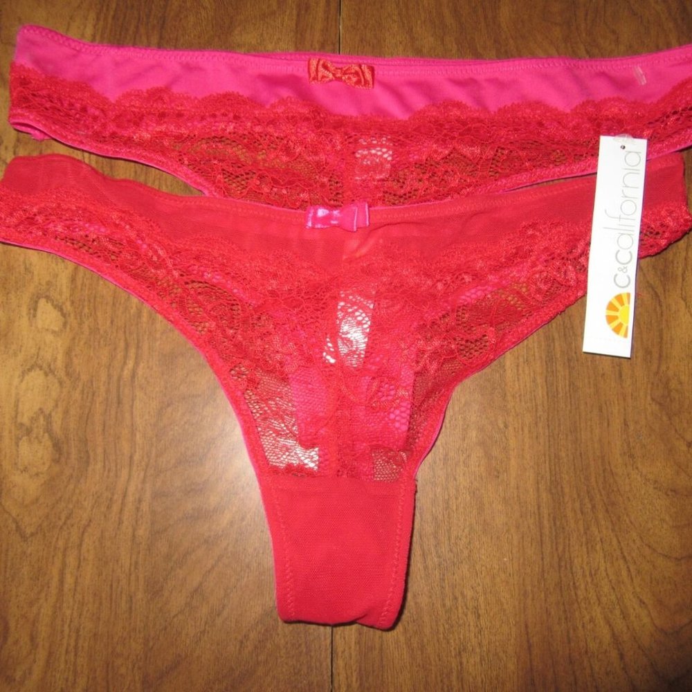 C & California Red Pink Lace Thong Panty 2 Pack